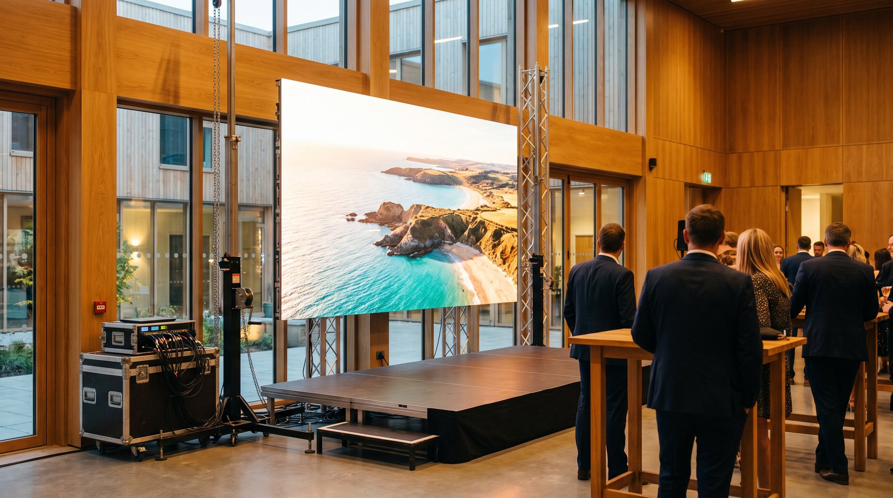 Gasten bij statafels voor een verlichte LED-wand tijdens een bedrijfsborrel