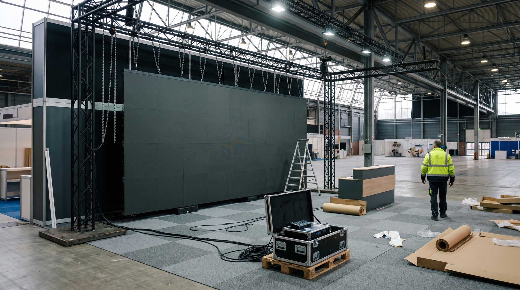 LED-wand als achterwand van een beursstand, hal in opbouw