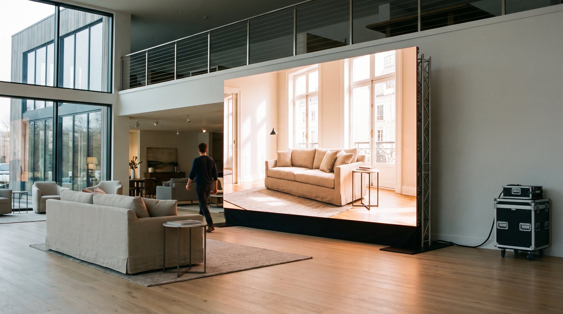LED-wand in een meubelshowroom die dezelfde bank toont als die in de ruimte staat
